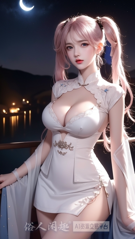 AI绘画，月下粉毛双马尾4K竖屏