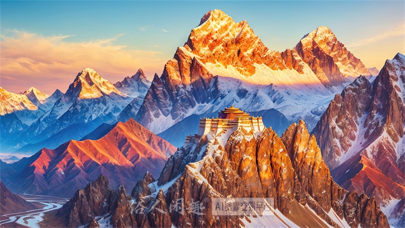 免费-古风插画22山川美景日照金山横图-8K