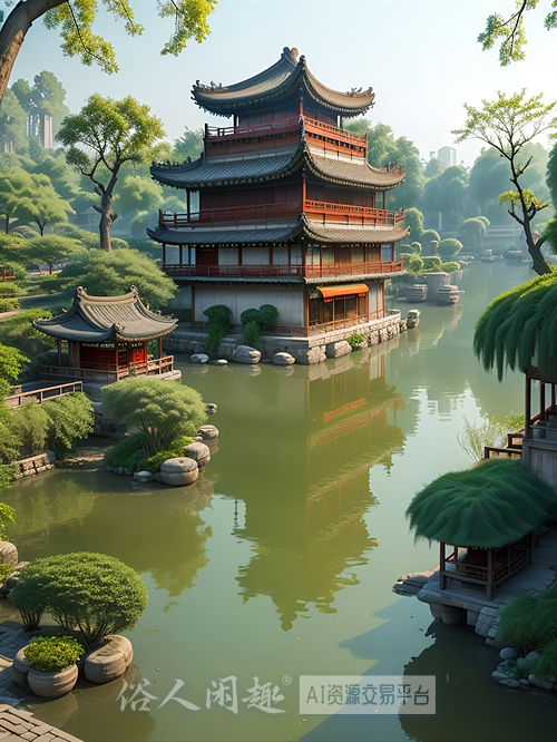 古风插画江南水乡景色-4K
