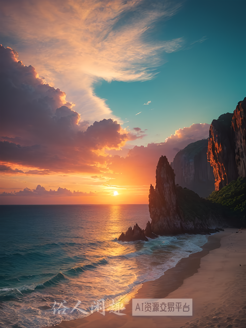 写实风夕阳下的海边插画壁纸-4K