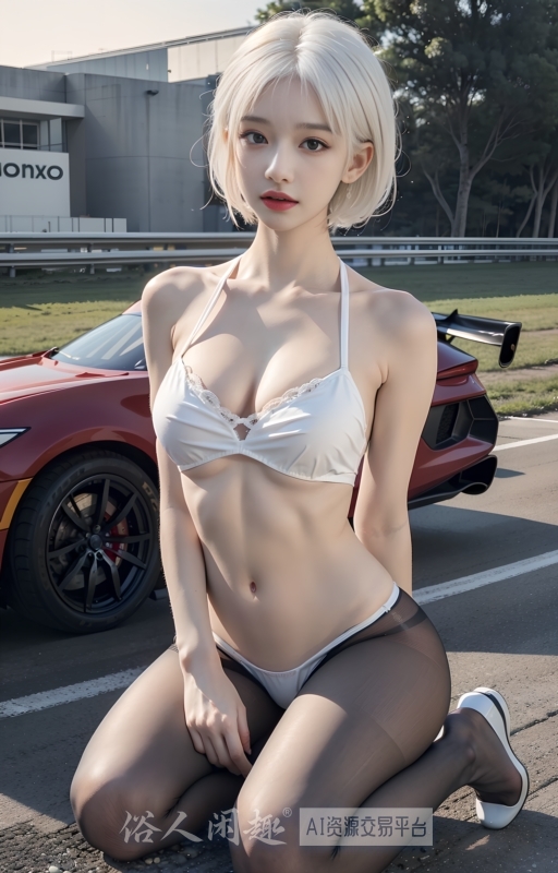 性感白发车模