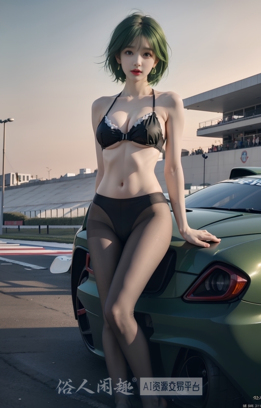 性感绿发车模